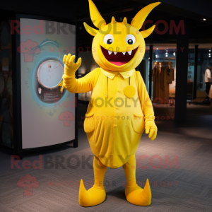 Lemon Yellow Devil mascot costume character dressed with a Coat and Necklaces