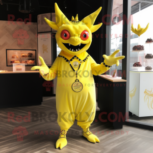 Lemon Yellow Devil mascot costume character dressed with a Coat and Necklaces