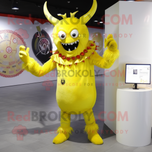 Lemon Yellow Devil mascot costume character dressed with a Coat and Necklaces