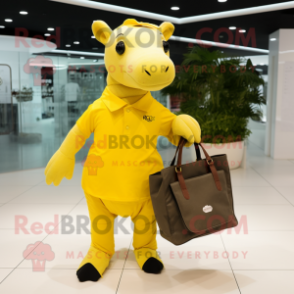 Yellow Tapir mascot costume character dressed with a Skinny Jeans and Tote bags