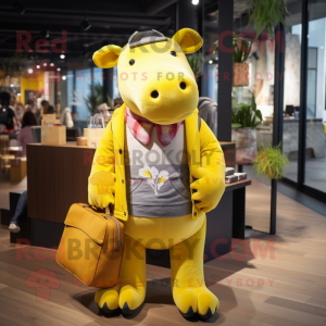 Yellow Tapir mascot costume character dressed with a Skinny Jeans and Tote bags