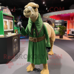 Forest Green Camel mascot costume character dressed with a Wrap Skirt and Pocket squares