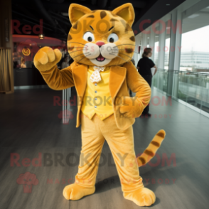 Gold Cat mascot costume character dressed with a Corduroy Pants and Cufflinks