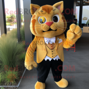 Gold Cat mascot costume character dressed with a Corduroy Pants and Cufflinks