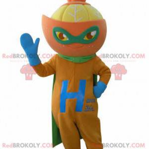 Orange mascot dressed as a superhero. Citrus mascot -