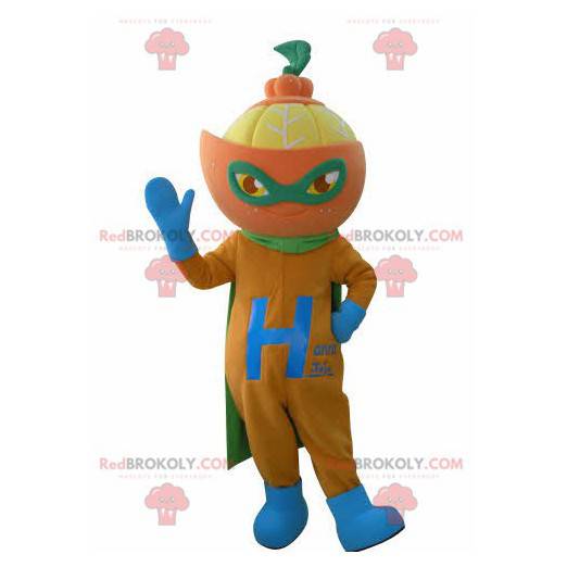 Orange mascot dressed as a superhero. Citrus mascot -