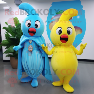 Sky Blue Banana mascot costume character dressed with a Wrap Dress and Keychains