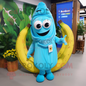 Sky Blue Banana mascot costume character dressed with a Wrap Dress and Keychains