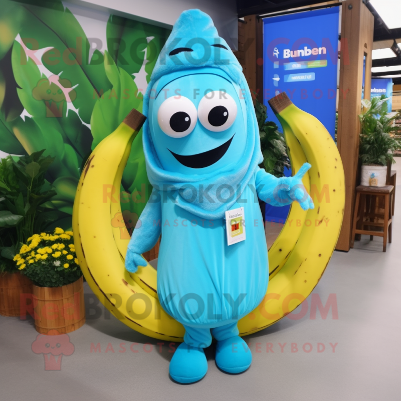 Sky Blue Banana mascot costume character dressed with a Wrap Dress and Keychains
