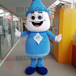 Sky Blue Hourglass mascot costume character dressed with a Overalls and Foot pads