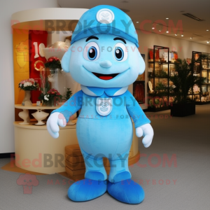 Sky Blue Hourglass mascot costume character dressed with a Overalls and Foot pads