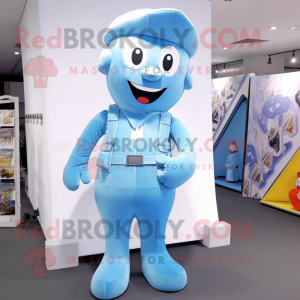 Sky Blue Hourglass mascot costume character dressed with a Overalls and Foot pads