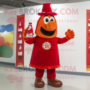 Red Bottle Of Ketchup mascot costume character dressed with a Romper and Rings