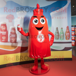 Red Bottle Of Ketchup mascot costume character dressed with a Romper and Rings