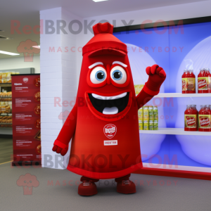 Red Bottle Of Ketchup mascot costume character dressed with a Romper and Rings