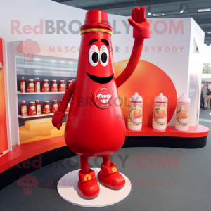 Red Bottle Of Ketchup mascot costume character dressed with a Romper and Rings