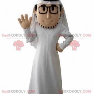Vousatý sultán maskot s bílým oblečením a brýlemi -