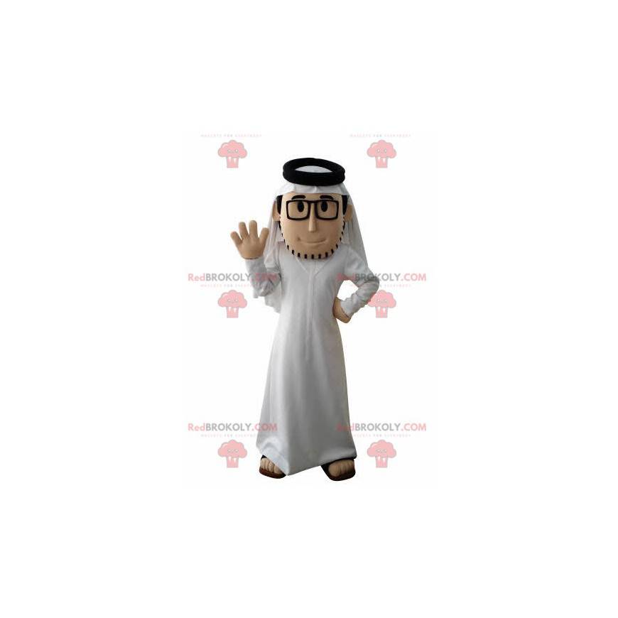 Skäggig sultanmaskot med vit outfit och glasögon -