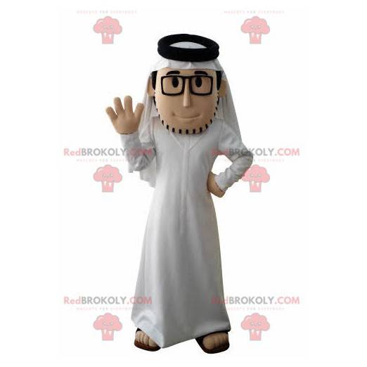 Skäggig sultanmaskot med vit outfit och glasögon -