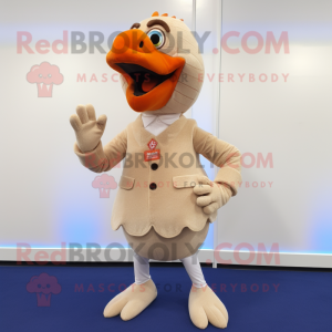 Beige Turkey mascot costume character dressed with a Dress Shirt and Foot pads