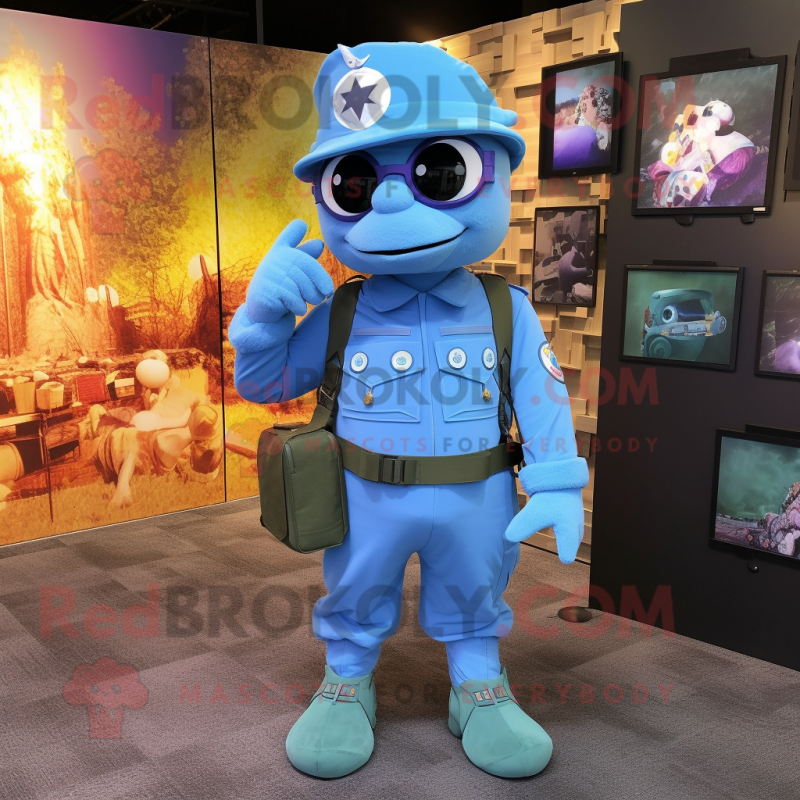 Cyan Air Force Soldier mascot costume character dressed with a Dungarees and Briefcases Cyan Air Force Soldier mascot costume character dressed with a Dungarees and Briefcases