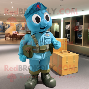 Cyan Air Force Soldier mascot costume character dressed with a Dungarees and Briefcases