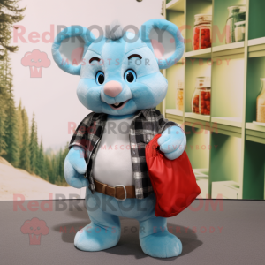 Cyan Dormouse mascot costume character dressed with a Flannel Shirt and Handbags