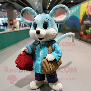 Cyan Dormouse mascot costume character dressed with a Flannel Shirt and Handbags