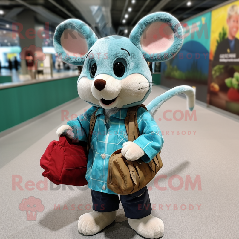 Cyan Dormouse mascot costume character dressed with a Flannel Shirt and Handbags Cyan Dormouse mascot costume character dressed with a Flannel Shirt and Handbags