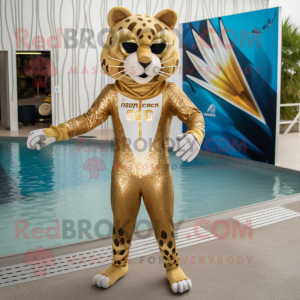 Gold Bobcat mascot costume character dressed with a Swimwear and Brooches