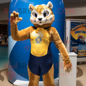 Gold Bobcat mascot costume character dressed with a Swimwear and Brooches