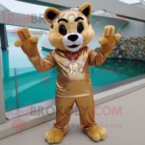 Gold Bobcat mascot costume character dressed with a Swimwear and Brooches