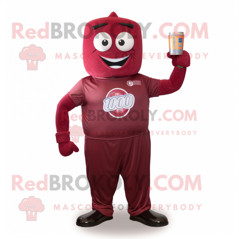 Maroon Soda Can mascot costume character dressed with a Joggers and Digital watches Maroon Soda Can mascot costume character dressed with a Joggers and Digital watches