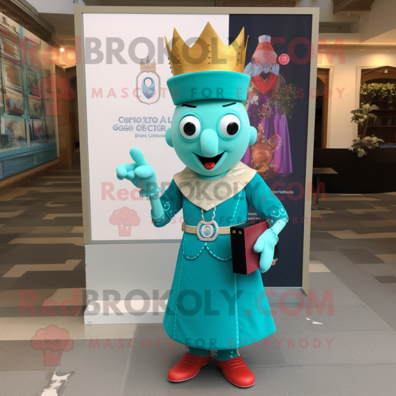 Turquoise Queen mascot costume character dressed with a Oxford Shirt and Wallets Turquoise Queen mascot costume character dressed with a Oxford Shirt and Wallets