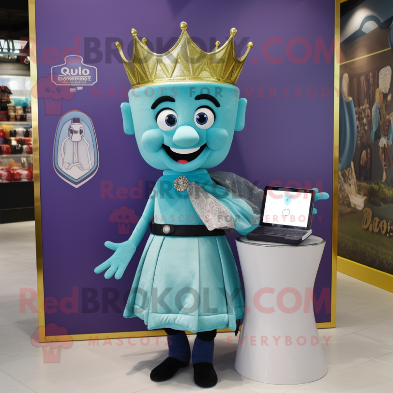 Turquoise Queen mascot costume character dressed with a Oxford Shirt and Wallets