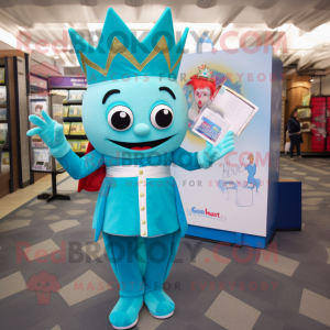 Turquoise Queen mascot costume character dressed with a Oxford Shirt and Wallets