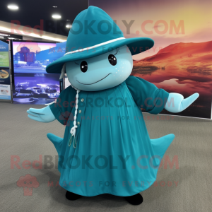 Teal Whale mascot costume character dressed with a Maxi Skirt and Hat pins