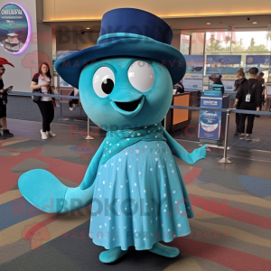 Teal Whale mascot costume character dressed with a Maxi Skirt and Hat pins
