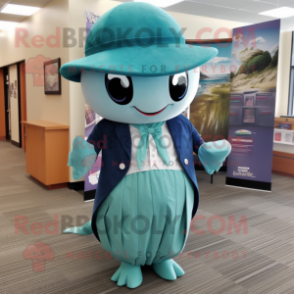 Teal Whale mascot costume character dressed with a Maxi Skirt and Hat pins