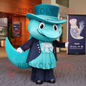 Teal Whale mascot costume character dressed with a Maxi Skirt and Hat pins