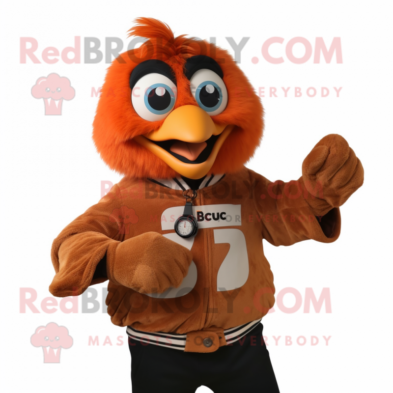 Peach Butter Chicken mascot costume character dressed with a Leather Jacket and Smartwatches Peach Butter Chicken mascot costume character dressed with a Leather Jacket and Smartwatches