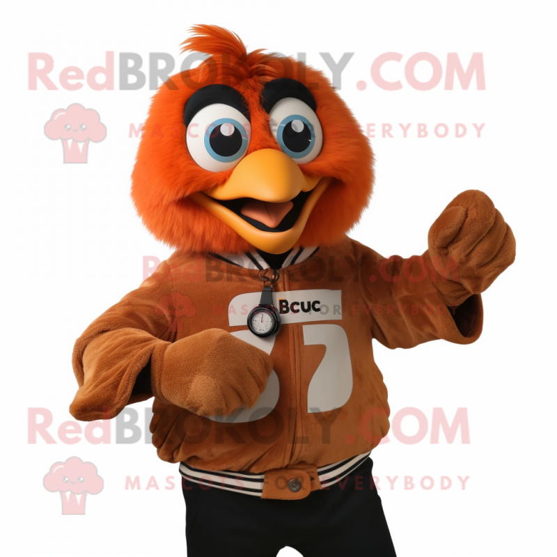 Peach Butter Chicken mascot costume character dressed with a Leather Jacket and Smartwatches