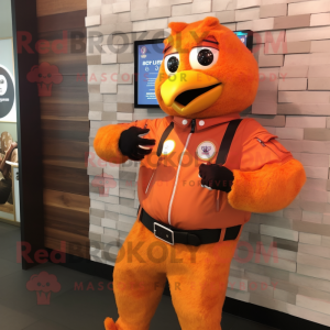 Peach Butter Chicken mascot costume character dressed with a Leather Jacket and Smartwatches