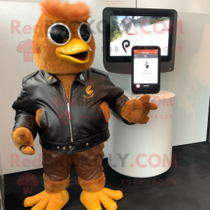 Peach Butter Chicken mascot costume character dressed with a Leather Jacket and Smartwatches
