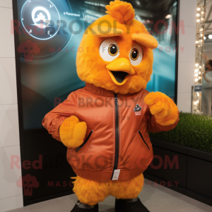 Peach Butter Chicken mascot costume character dressed with a Leather Jacket and Smartwatches