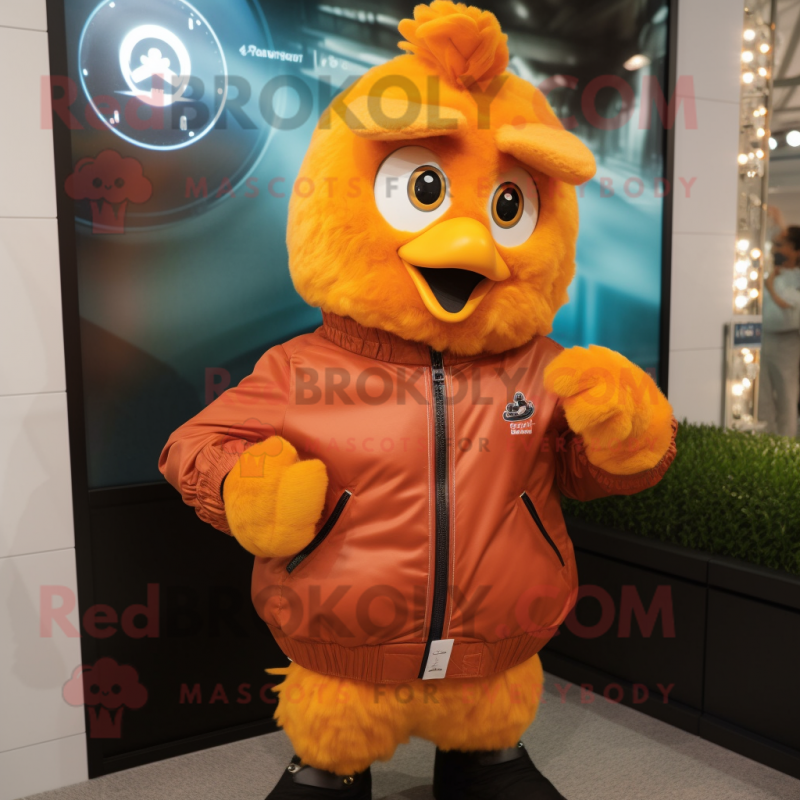 Peach Butter Chicken mascot costume character dressed with a Leather Jacket and Smartwatches Peach Butter Chicken mascot costume character dressed with a Leather Jacket and Smartwatches