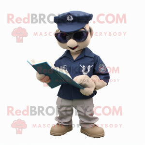 Navy Marine Recon mascot costume character dressed with a Oxford Shirt and Reading glasses