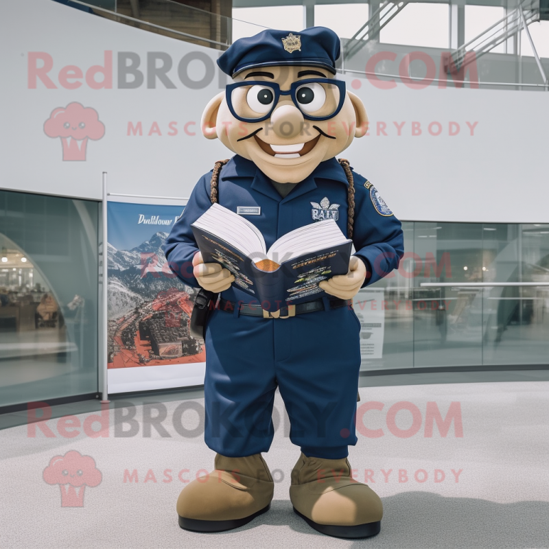Navy Marine Recon mascot costume character dressed with a Oxford Shirt and Reading glasses