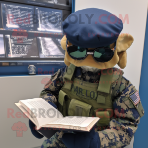 Navy Marine Recon mascot costume character dressed with a Oxford Shirt and Reading glasses