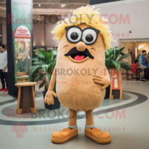 Tan Spaghetti mascot costume character dressed with a Jeans and Eyeglasses